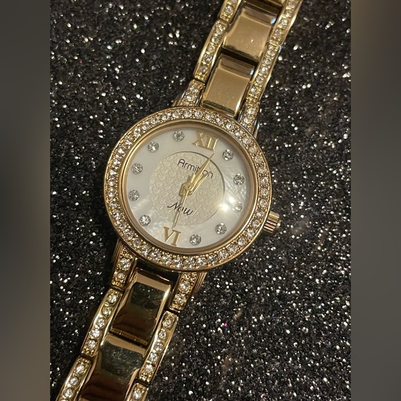 Armitron Now Womens Gold Tone Crystal Accent Pearl Face Analog Quartz Watch - Picture 2 of 8